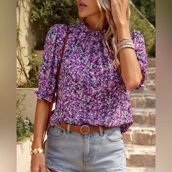 Floral Print Short Sleeve Blouse| Mock Neck with Ruffles - Picture 2 of 7